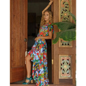 Bali ELF Made By Hand Carmen Floral Tiered Wrap Maxi Dress Sz XL Jungle Oasis